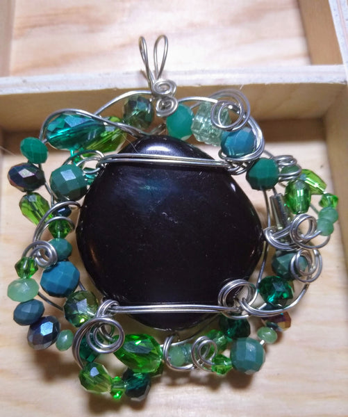 Dark Waters-- jet and czech beads silverplate wire pendant