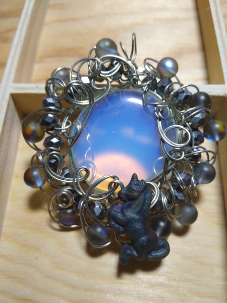 Dark Moonrise--Raku Unicorn and Opalite Pendant