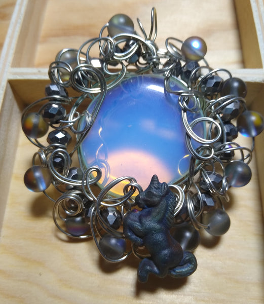 Dark Moonrise--Raku Unicorn and Opalite Pendant
