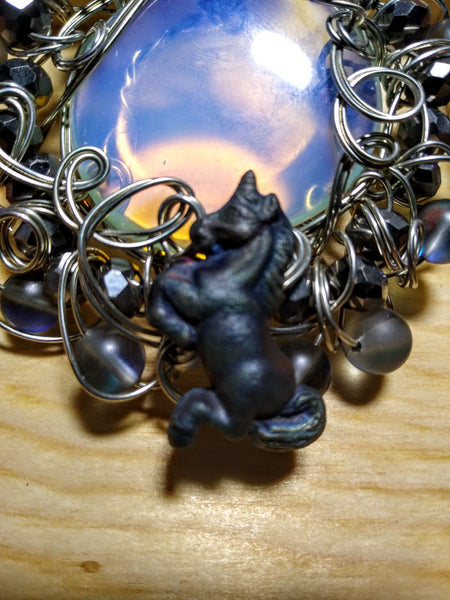Dark Moonrise--Raku Unicorn and Opalite Pendant