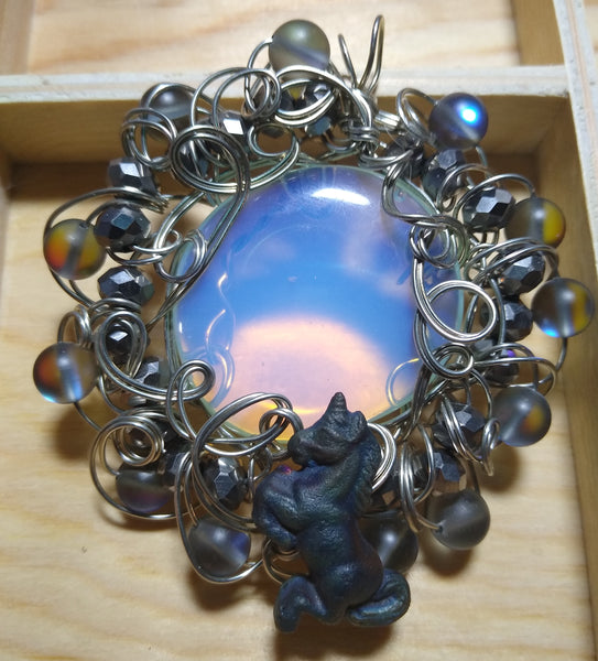 Dark Moonrise--Raku Unicorn and Opalite Pendant