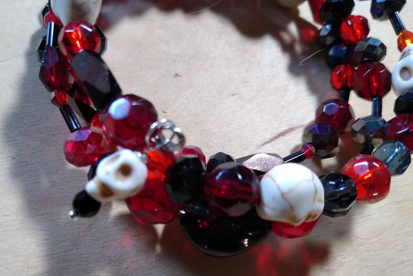 Black and Dark Red Gothic Bracelet With Skulls
