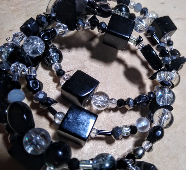 Cruella Chic Black, Silvery, and Crystal Gothic Bracelet With Black Skulls