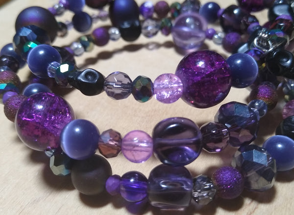 Midnight Rainbow Purple and Aurora Crystal Gothic Bracelet With Black Skulls