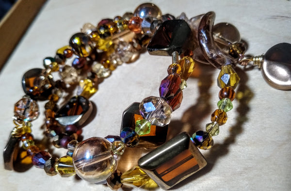 Amber Crystal Art-Deco and Lampwork Ornate Wire Bracelet