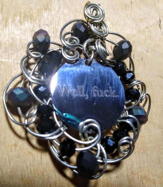 Tuesday Pendant-- Stainless Charm, Silverplated Wire, Black and Black Rainbow Crystal Czech Beads