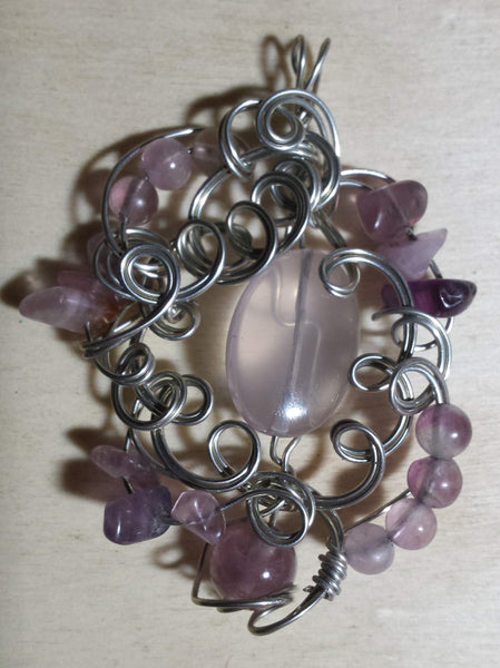 Ornate Swirls Rose Quartz and Fluorite Pendant - Antika Nueva