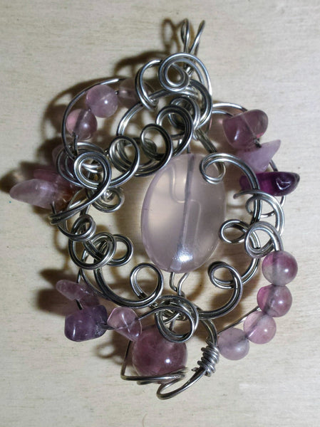 Ornate Swirls Rose Quartz and Fluorite Pendant - Antika Nueva
