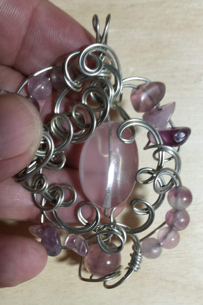 Ornate Swirls Rose Quartz and Fluorite Pendant - Antika Nueva
