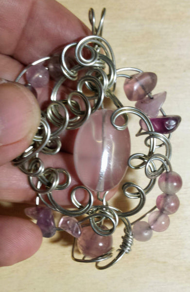 Ornate Swirls Rose Quartz and Fluorite Pendant - Antika Nueva