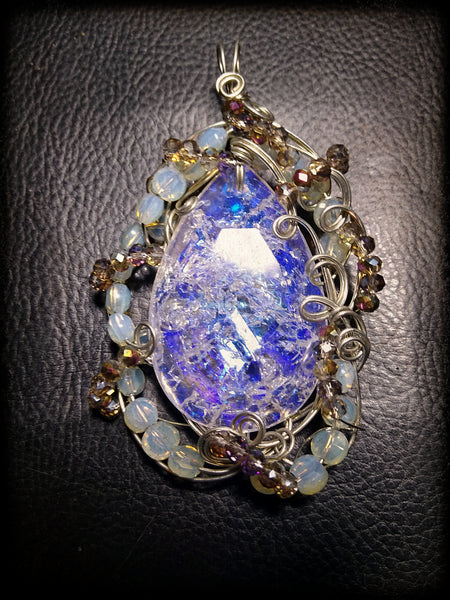 Water and Fire (but mostly water)--art glass and silverplate wire pendant