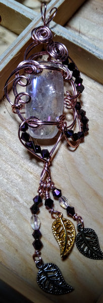 Tumbling Leaves Titanium Rainbow Quartz with Rose Gold Wire Pendant