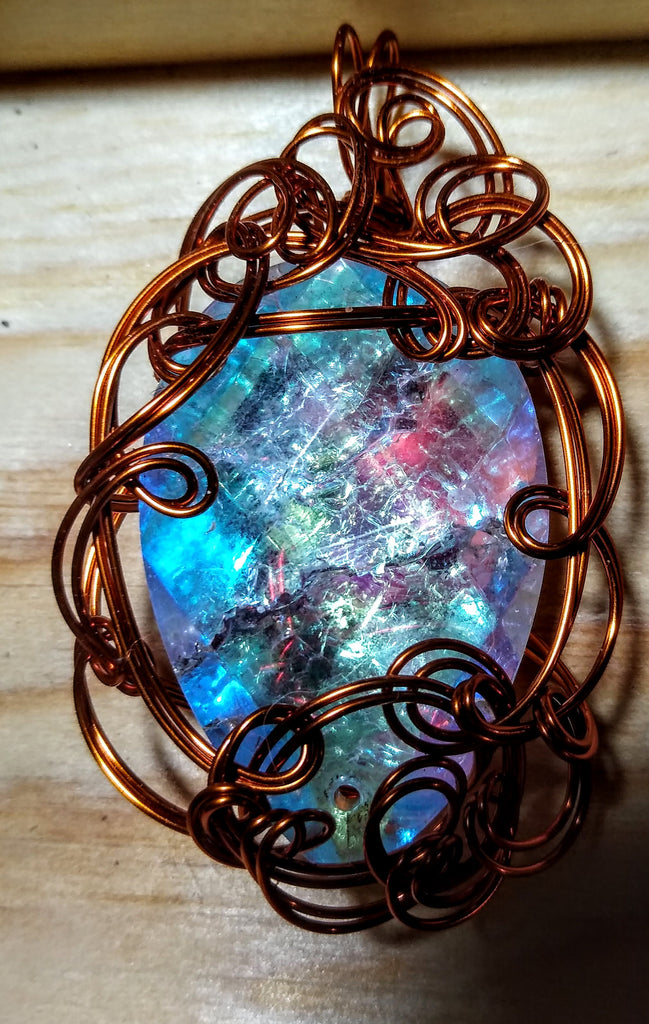 Antique Copper and Art Glass Pendant