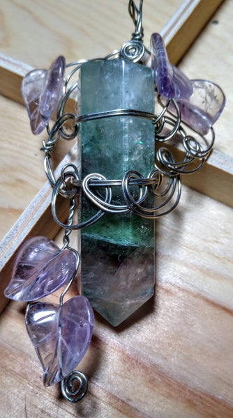 Our Lady of Balance-- fluorite crystal and amethyst pendant
