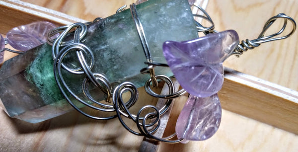 Our Lady of Balance-- fluorite crystal and amethyst pendant