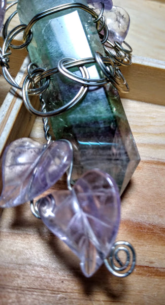 Our Lady of Balance-- fluorite crystal and amethyst pendant