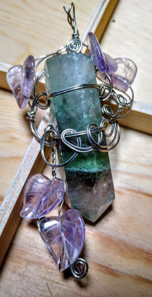 Our Lady of Balance-- fluorite crystal and amethyst pendant