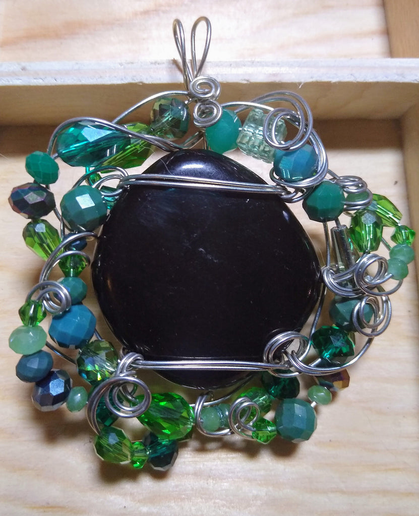 Dark Waters-- jet and czech beads silverplate wire pendant