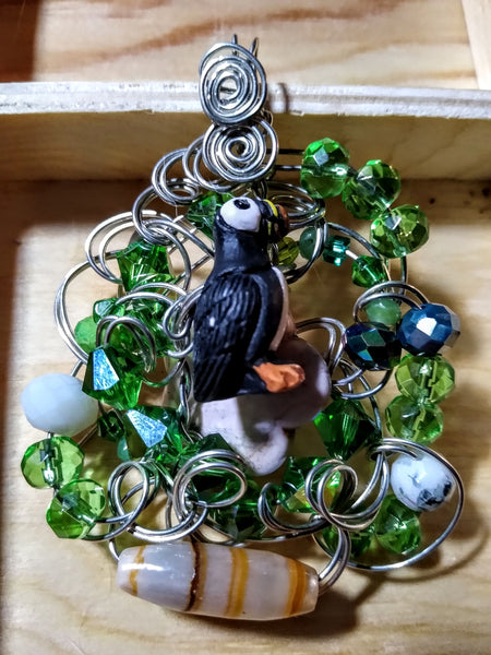 Coastal Puffin howlite, alabaster, czech crystal,  silverplate wire pendant