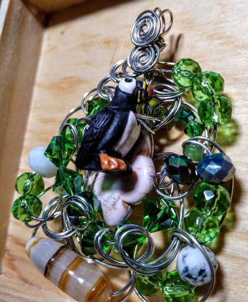 Coastal Puffin howlite, alabaster, czech crystal,  silverplate wire pendant