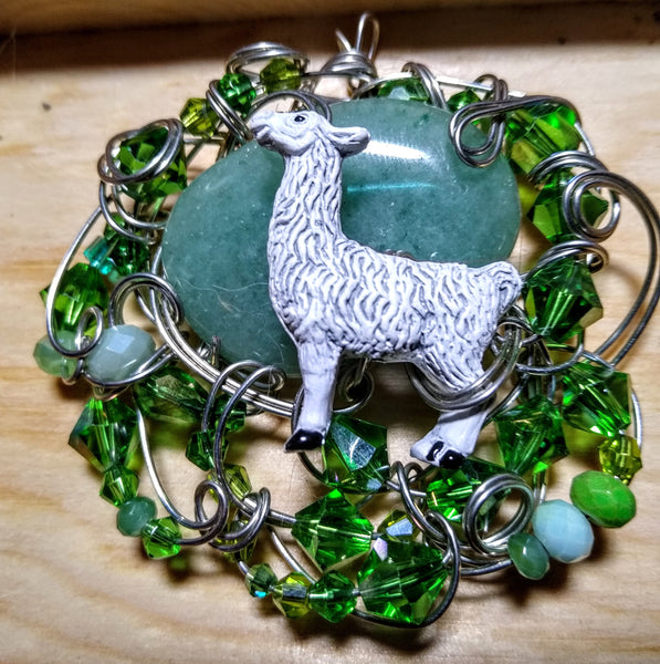 Llama-tude--- Adventurine, Llama, and silverplate wire Pendant