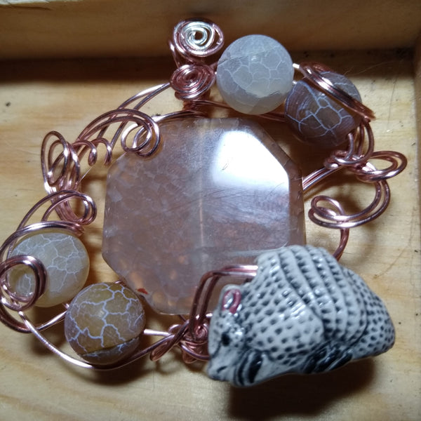 Desert Warrior-- Armadillo, Agate, and Rose-gold plated wire Pendant