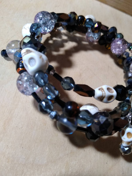 Grey and Black and Lavendar/Crystal Gothic Bracelet With Skulls