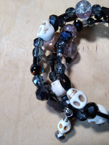 Grey and Black and Lavendar/Crystal Gothic Bracelet With Skulls