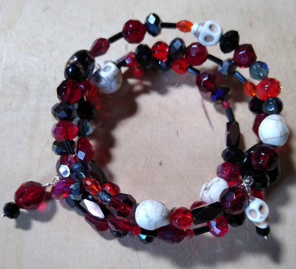 Black and Dark Red Gothic Bracelet With Skulls