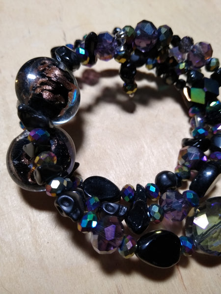 Dark Rainbow Blackstone, Lampwork, and Crystal Gothic Bracelet With Black Skulls