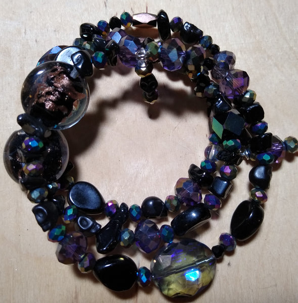 Dark Rainbow Blackstone, Lampwork, and Crystal Gothic Bracelet With Black Skulls