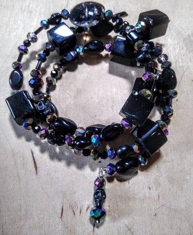 Midnight Rainbow Black and Aurora Crystal Gothic Bracelet With Black Skulls