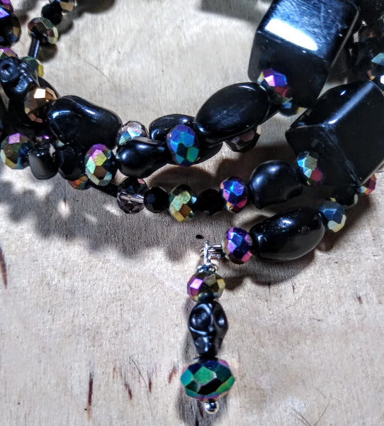 Midnight Rainbow Black and Aurora Crystal Gothic Bracelet With Black Skulls