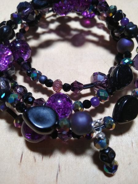 Deep of Night Dark Purple and Aurora Crystal Gothic Bracelet With Black Skulls