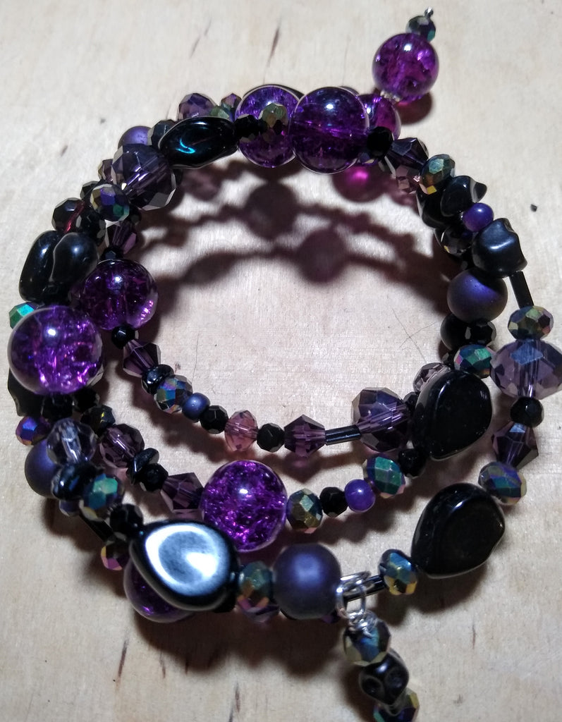 Deep of Night Dark Purple and Aurora Crystal Gothic Bracelet With Black Skulls