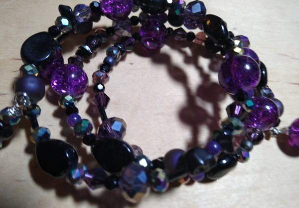 Deep of Night Dark Purple and Aurora Crystal Gothic Bracelet With Black Skulls