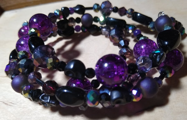 Deep of Night Dark Purple and Aurora Crystal Gothic Bracelet With Black Skulls