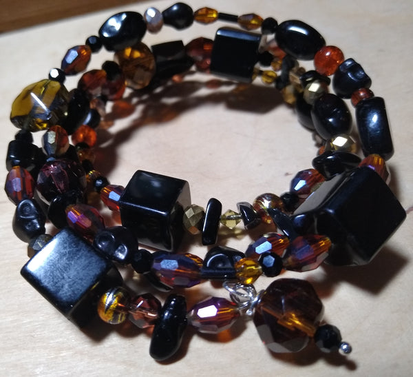 Victorianesque Amber/Brown and Black Crystal Gothic Bracelet With Black Skulls