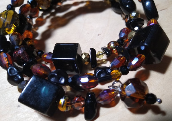 Victorianesque Amber/Brown and Black Crystal Gothic Bracelet With Black Skulls