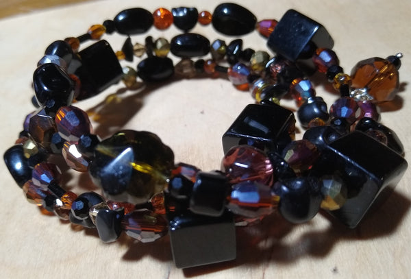 Victorianesque Amber/Brown and Black Crystal Gothic Bracelet With Black Skulls