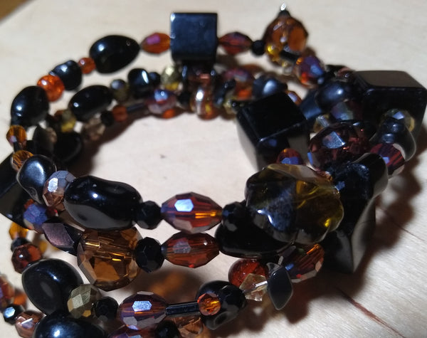 Victorianesque Amber/Brown and Black Crystal Gothic Bracelet With Black Skulls