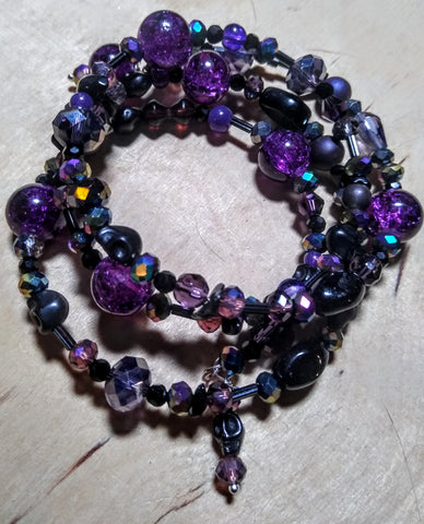 Deep of Night Dark Purple and Rainbow Crystal Gothic Bracelet With Black Skulls