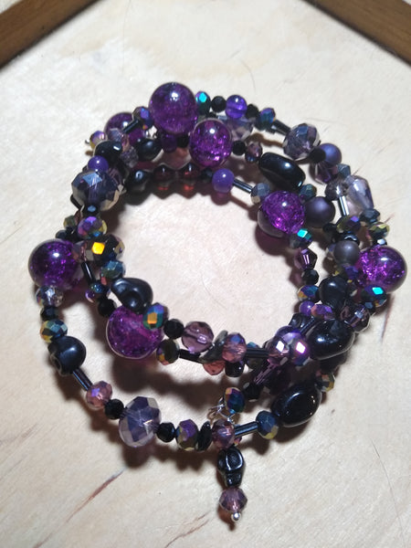 Deep of Night Dark Purple and Rainbow Crystal Gothic Bracelet With Black Skulls