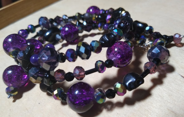 Deep of Night Dark Purple and Rainbow Crystal Gothic Bracelet With Black Skulls