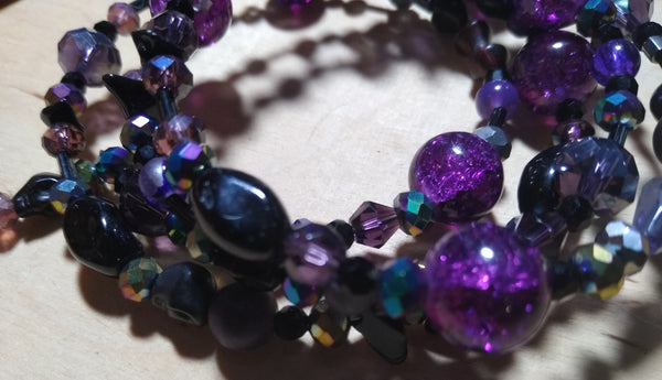 Deep of Night Dark Purple and Rainbow Crystal Gothic Bracelet With Black Skulls