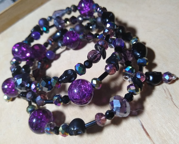 Deep of Night Dark Purple and Rainbow Crystal Gothic Bracelet With Black Skulls