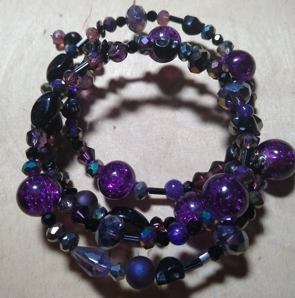 Deep of Night Dark Purple and Rainbow Crystal Gothic Bracelet With Black Skulls