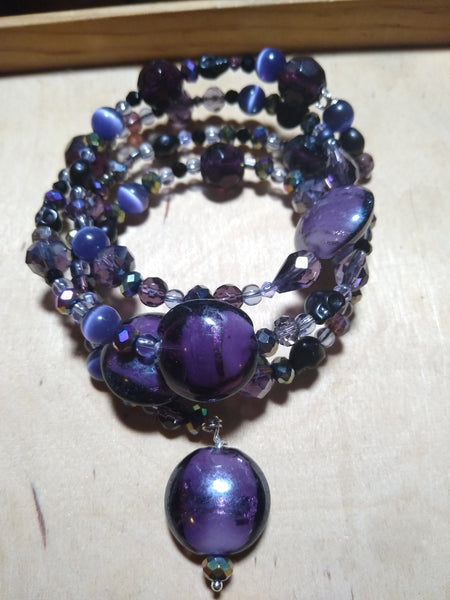 Spectrum of Purple and Rainbow: Lampwork and Crystal Gothic Bracelet With Black Skulls