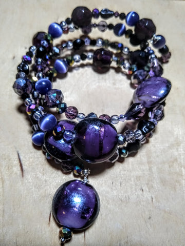 Spectrum of Purple and Rainbow: Lampwork and Crystal Gothic Bracelet With Black Skulls