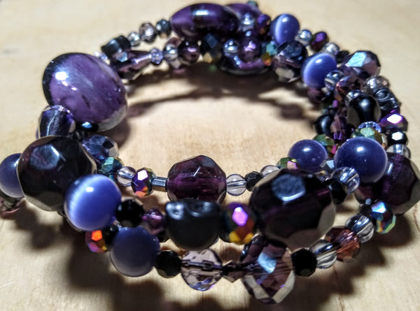 Spectrum of Purple and Rainbow: Lampwork and Crystal Gothic Bracelet With Black Skulls